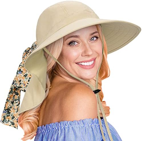 Chapéu de caminhada feminino Chapéu largo com aba grande de pescoço UPF 50+ Chapéus de proteção solar