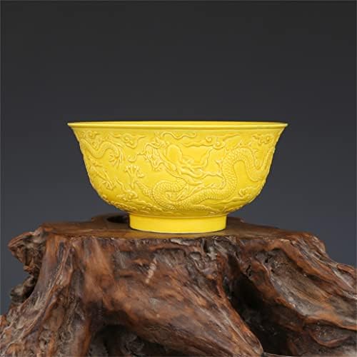 Tigela de cerâmica Gretd delicado esmalte amarelo escultura Dragon Bowl Bowl Antique Porcelain