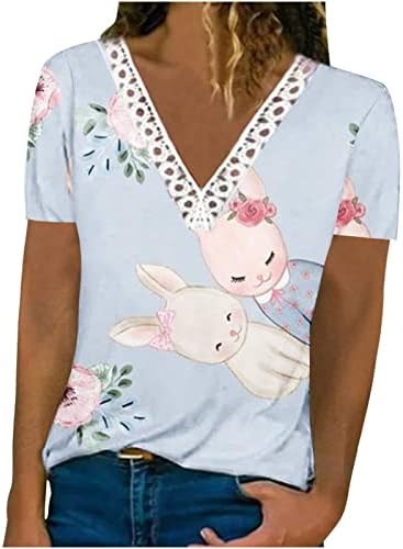 Camisetas femininas Tamas de Páscoa casual Lace V Blusa de pescoço ovos de coelhinho impresso de manga
