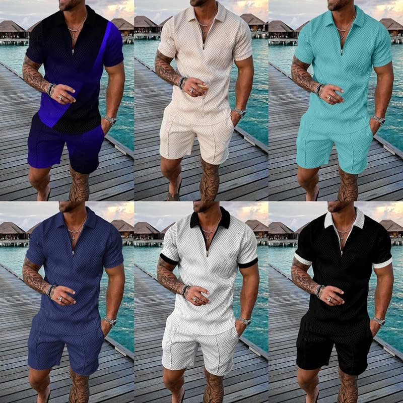 WFiaouess Men's Short Setfits Roupfits 2 peças Tracksuit de verão Camisa pólo de manga curta e shorts Conjunto