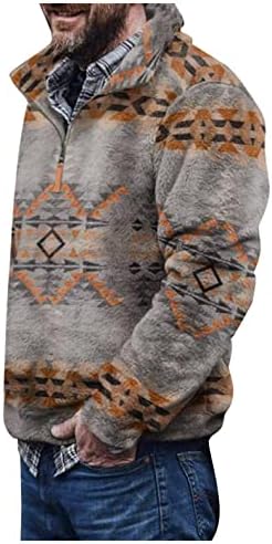 XXBR Mens Homem-Pullover Fuzzy Quarter Zip Sweater Jackets Fleece Plaid Aztec Print Sherpa Pullover quente