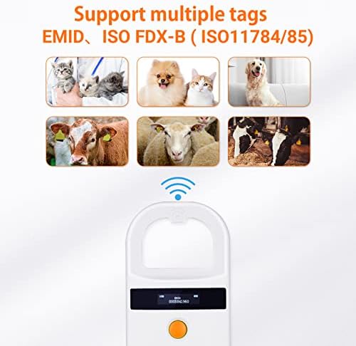 Tera Pet Microchip Reader Scanner com D-a-ring RFID Scanner de ID de chip de animal portátil com tela OLED Screen Recarregável Tag de armazenamento de dados Scanner Emid FDX-B para gato de gato de cachorro Gerenciamento de animais