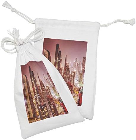 Conjunto de bolsas de tecido da paisagem urbana de Ambesonne, Dubai Af Night Scenary Skyscrapers Península