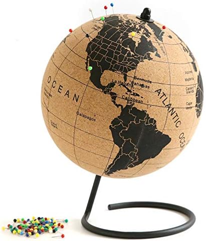 Globe Trekkers - Globo médio de cortiça com 100 pinos coloridos e base de aço durável - 7,3 polegadas | Ótimo