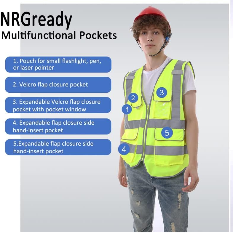 Colete de segurança refletivo de alta visibilidade da NRGready com 6 bolsos e zíper, colete de segurança para