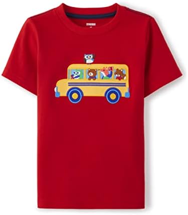 Gymboree Boys e crianças de manga gráfica bordadas de criança bordada, ônibus da escola vermelha,