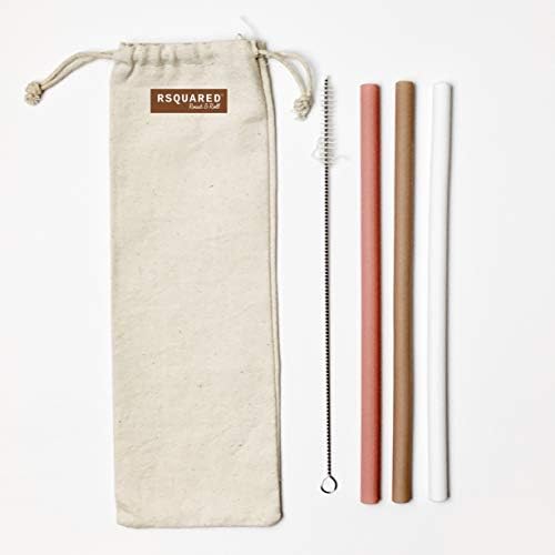 Rsquared® reutilizável grande palha de silicone 3pk bege branco rosa reto com pincel de limpeza e saco de linho