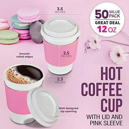 Fit Meal Prep [50 pacote] xícaras de café brancas com tampas de cúpula e mangas rosa - copos de papel descartáveis