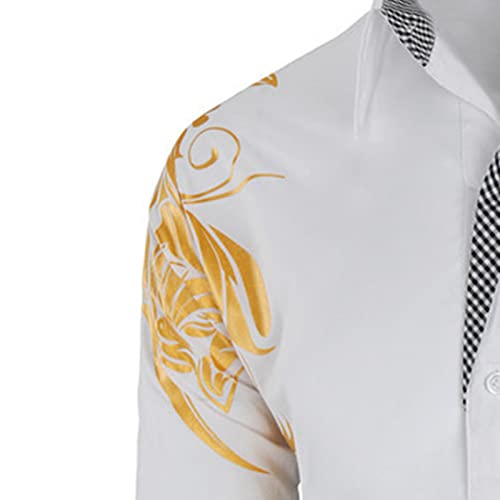 Masculino imprimir botão para baixo camisa de vestido dourado de mangas compridas camisas longas