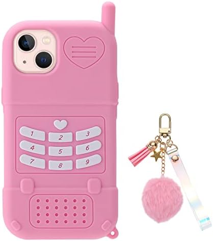 Filaco Silicon Case para iPhone 14 [não pro], capa retrô rosa fofa 3D com pingente de bola de pelúcia fofa,