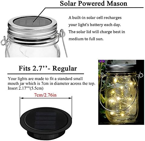 6 Pack Mason Jar Lights, 10 LED Solar Warm White Fairy String Lights Insert para o pátio de jardim