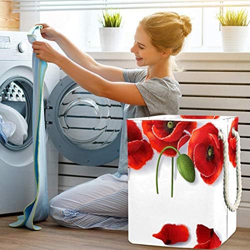 Poppy vermelha com pétalas com pétalas cesto de roupa de lavanderia com alças de cesta de lavanderia cesta de