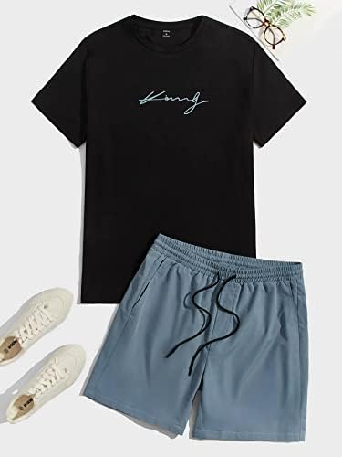 OSHHO Duas peças roupas para homens, letra de letra, camiseta gráfica e shorts de cintura de cordão