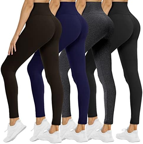 4 Leggings de embalagem para mulheres - Controle de barriga de cintura alta Soft Sem transparir calças de ioga preta