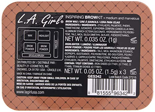 L.A. Girl Inspiring Brow Kit, leve e brilhante, cera de sobrancelha 0,035 oz, pó de sobrancelha 0,15 oz,