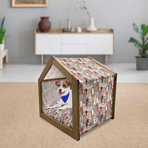 Lunarable Cat Wooden Pet House, Padrão de personagens de gatinhos com expressões engraçadas Arte da