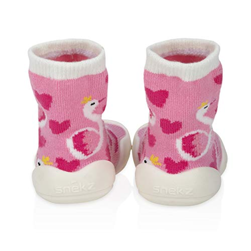 Nuby 60000s Snekz Sapatos de meia de borracha confortável para primeiros passos- cisnes rosa/pequeno