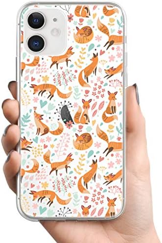 INBER iPhone 11 Case com protetor de tela de vidro, capa de TPU transparente com designs florais de raposas