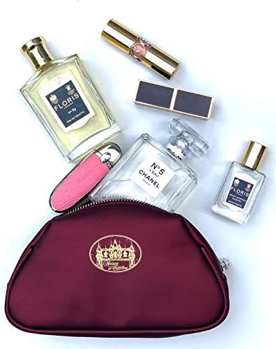Bolsa de maquiagem luxuosa para viagem, use diariamente bolsa unissex, material lavável. Borgonha e ouro, design