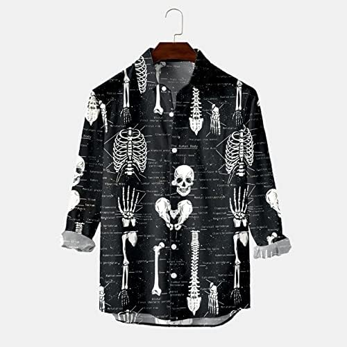 XXBR Halloween Button Down camisetas para homens de manga longa Cleleton Print Festumes Freshes Camisetas casuais