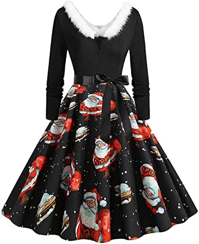 Natal Sra. Papai Noel Vestidos para mulheres de manga comprida Midi Dress Furry Patchwork A-line