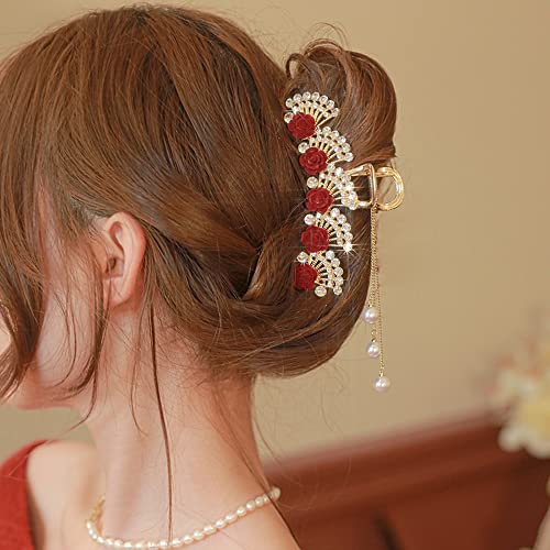 Garra de cabelo de rosas de borla para senhoras shinestone rabinho de rabo de cabelo pino feminino festival