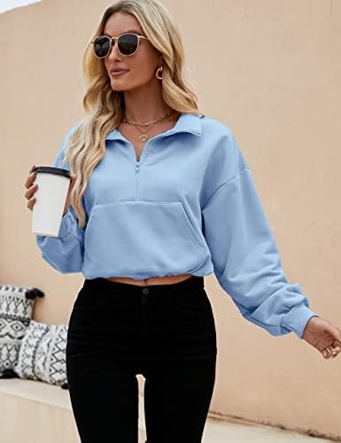 Flygo Womens Crop Half Zip Pullover Workout Big Pocket Pocketshirt Fleece Filed Sweater Tops Tops com