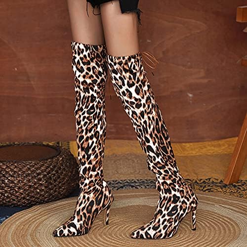 Botas de inverno as mulheres saltos de joelho pontual dos dedos femininos de leopardo o salto de botas femininas