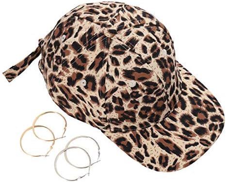 Boderier Leopard Print Baseball Cap ajustável Back Women Girls Cotton Hat com brincos de argola correspondentes