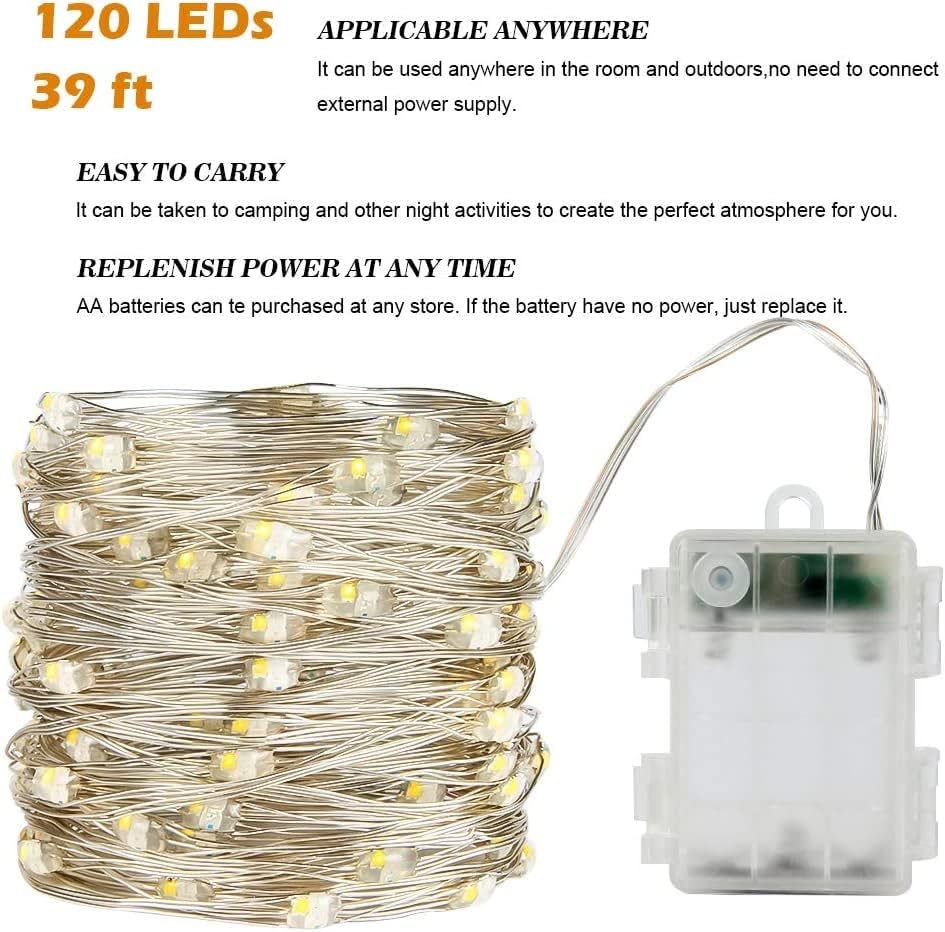 Luzes de corda Bateria alimentada ， 2pack 39ft 120 LEDS Luzes de fadas operadas por bateria com luzes de