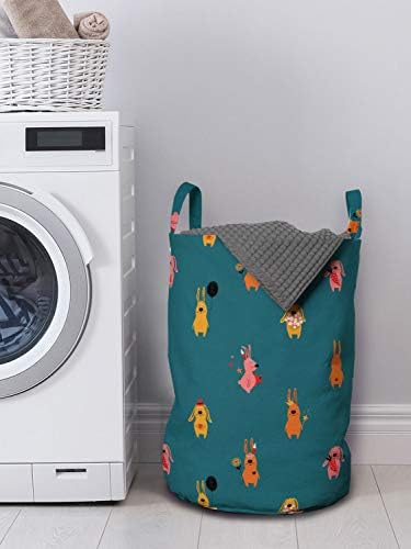 Bolsa de lavanderia de desenho animado de Ambesonne, padrão colorido de coelhos em estilo infantil estrelado