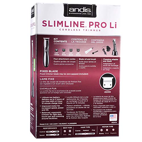 Andis Slimline Pro Li T-Blade Trimmer Black 32475 com escova de lâmina de Beauwis