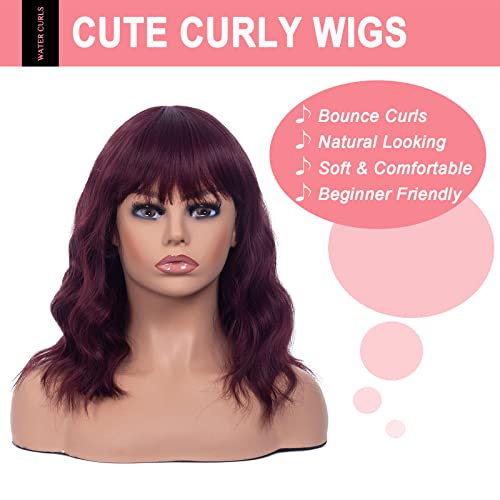 Lingdora Curly Bob peruca com franja curta ondulada de vinho vermelho perucas de cabelo para mulheres
