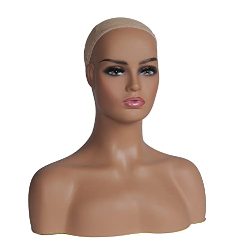 Litai realista feminina de fêmea busto da cabeça com ombros de 17 polegadas de cabeça de peruca, marrom
