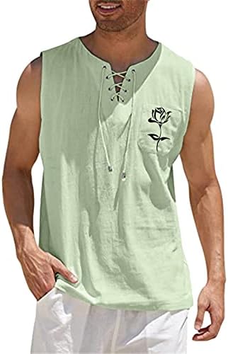 ZDDO Mens algodão linho com mangas camisetas com cordão de traço de pescoço tampas estampas de rosa