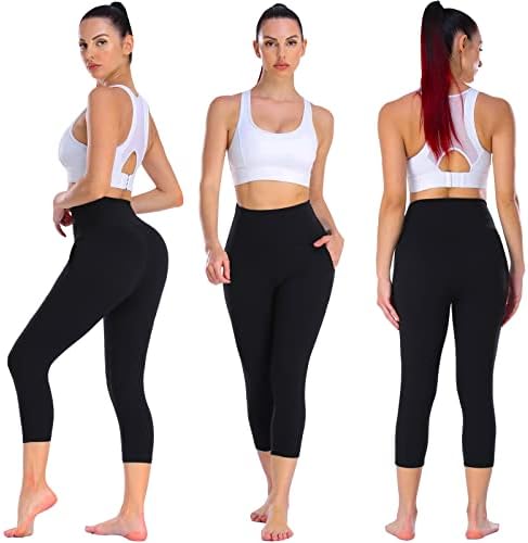 New Young 3 Pack Pack Leggings com bolsos para mulheres, calças de ioga de controle de barriga de cintura