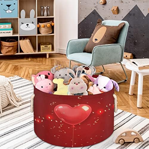 Dia dos Namorados Vermelho Love Heart Grandes cestas redondas para cestas de lavanderia de armazenamento com alças