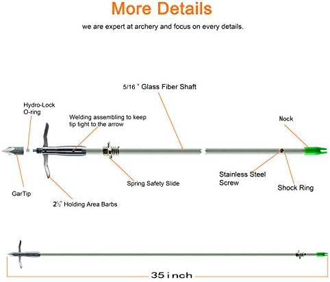Maifield Bowfishing Head Carbon/Fibra de vidro Fletos de flechas 2 farpas mecânicas 2,5 Areta Arco-e flecha