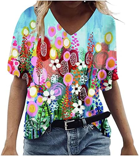 Camisas para mulheres, Boho Floral Print V Pescoço solto Casual Casual Camiseta Blusa Tops fofos para mulheres