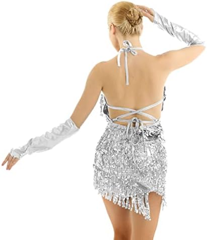 Sywiyi feminina feminina flapper vestido de lantejoulas de lantejoulas halter pescoço de dança latina