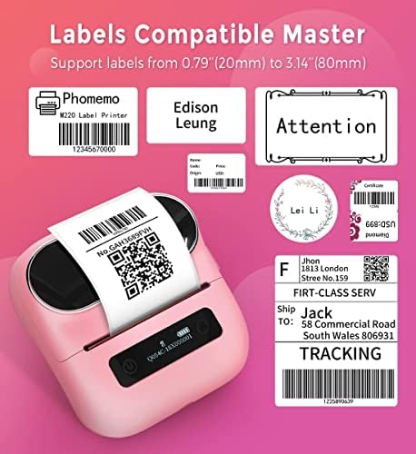 Fabricante de etiquetas rosa Phomemo M220, impressora portátil de etiqueta térmica, perfeita para código de barras,