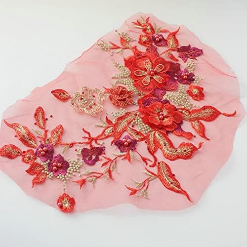 Flores 3D Fliços de renda de renda Apliques de bordados de pérolas de pérolas em remendos para decoração