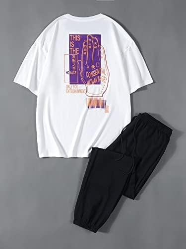 Roupa de duas peças para homens, painel de contraste, letra chinesa, camiseta gráfica e calça de moletom
