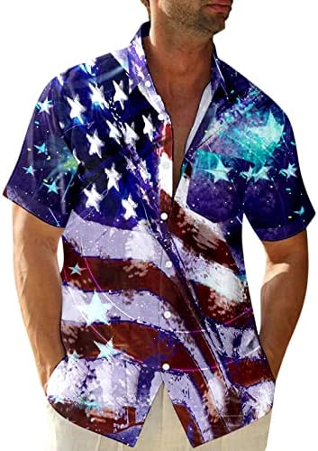 HDDK Men's Button Down Sleeve Camisetas patrióticas de Summer Beach Praia regular American Flag American