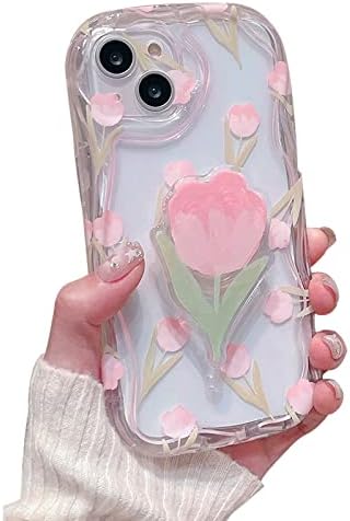 Capa de telefone de flor de aeileno para iPhone 13 Pro Max, japonesa coreana fofa 3D Clear Pink Wavy Edge