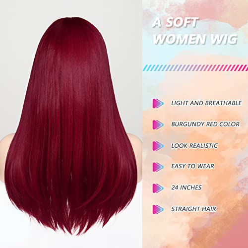Yarhngor Red Dark Red Wig com franja, perucas da Borgonha para mulheres, peruca de peças do meio vermelho de vinho,