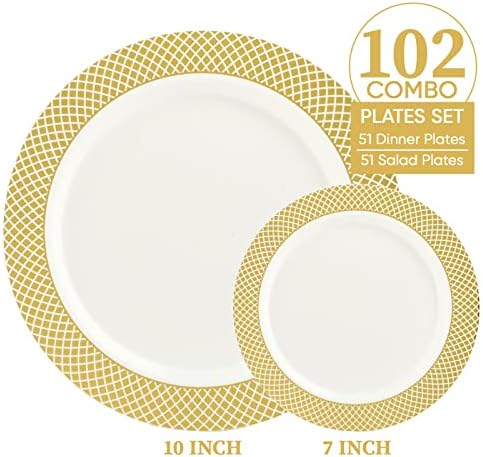 Foco 102pcs Placas de plástico descartáveis ​​Placas de festa da grade de ouro ， 51pcs de jantar de 10 polegadas