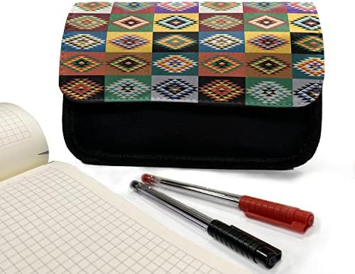 Caixa de lápis tribal lunarável, grade de mosaico asteca, bolsa de lápis de caneta com zíper duplo, 8,5 x 5,5, multicolor