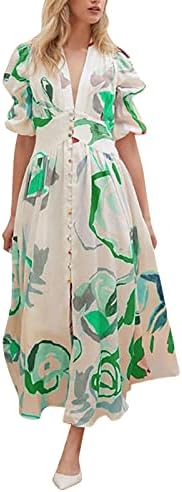 Vestido maxi de senhoras elegante impressão floral puff bufk de manga curta longa vestido de verão para baixo