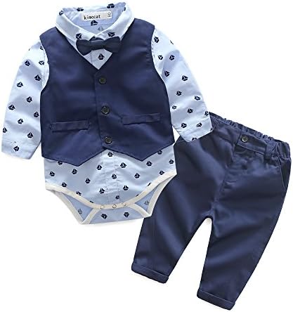 Kimocat Baby Garoth Girlleman Bowtie Blue Suits Conjunto de manga longa +colete +calça